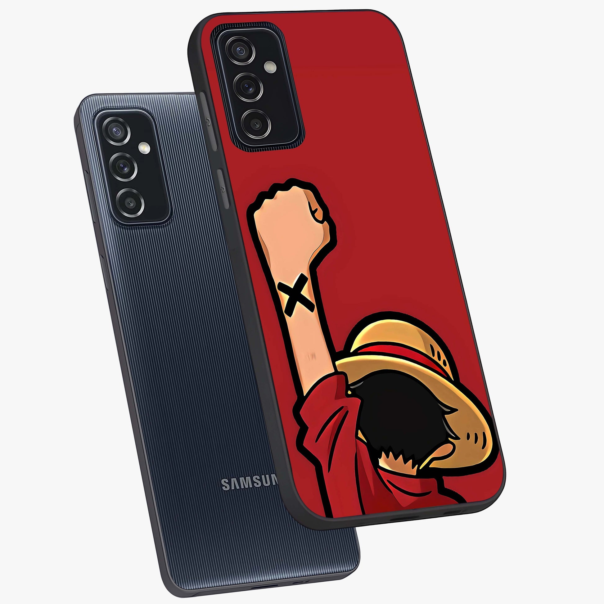 Luffy X Spirit Glass Case displayed in angled mockup highlighting powerful anime design with energetic action aesthetic.