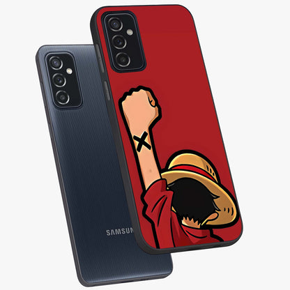 Luffy X Spirit Glass Case displayed in angled mockup highlighting powerful anime design with energetic action aesthetic.