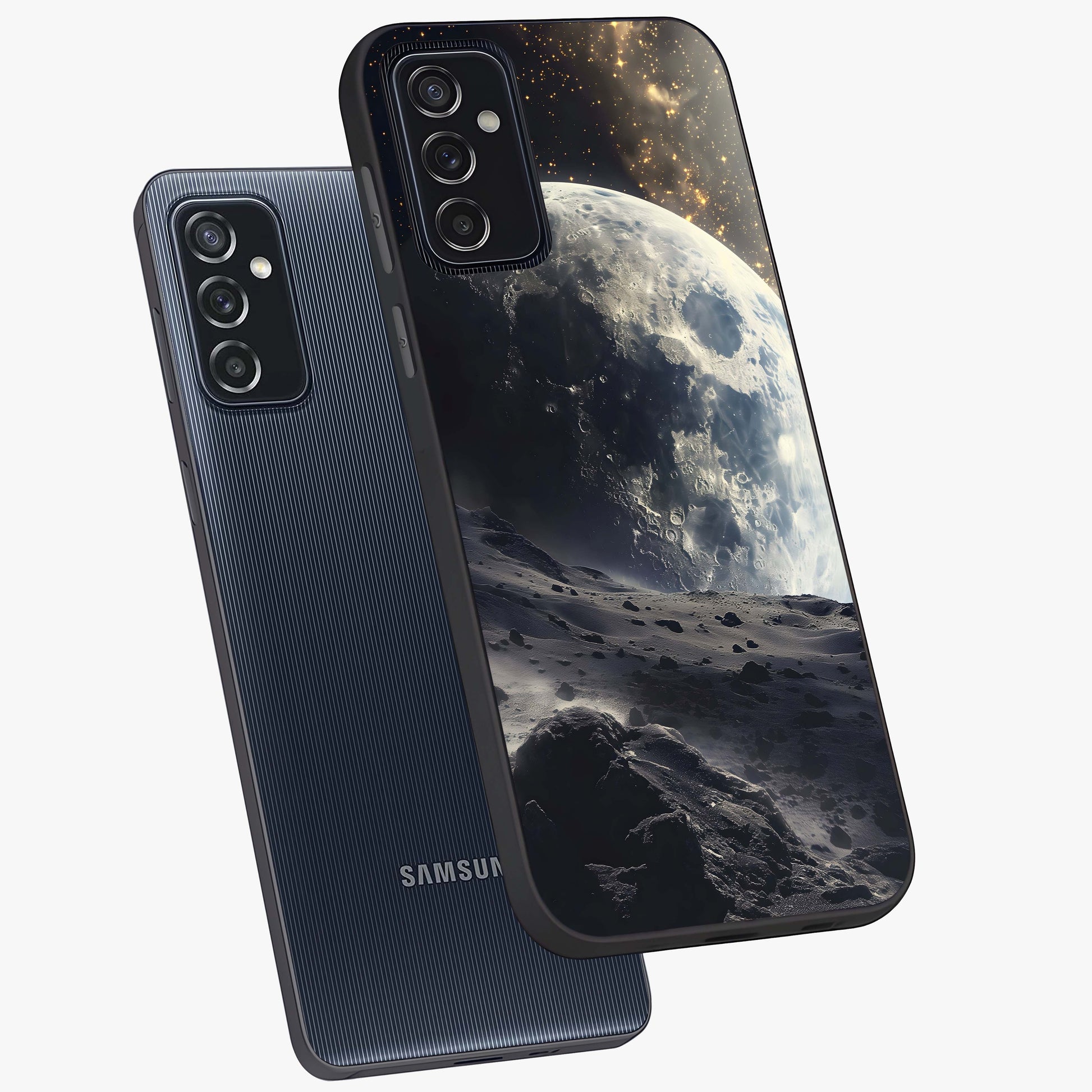 Lunar Horizon Glow Glass Case displayed in angled mockup highlighting celestial moon design with dreamy night aesthetic.