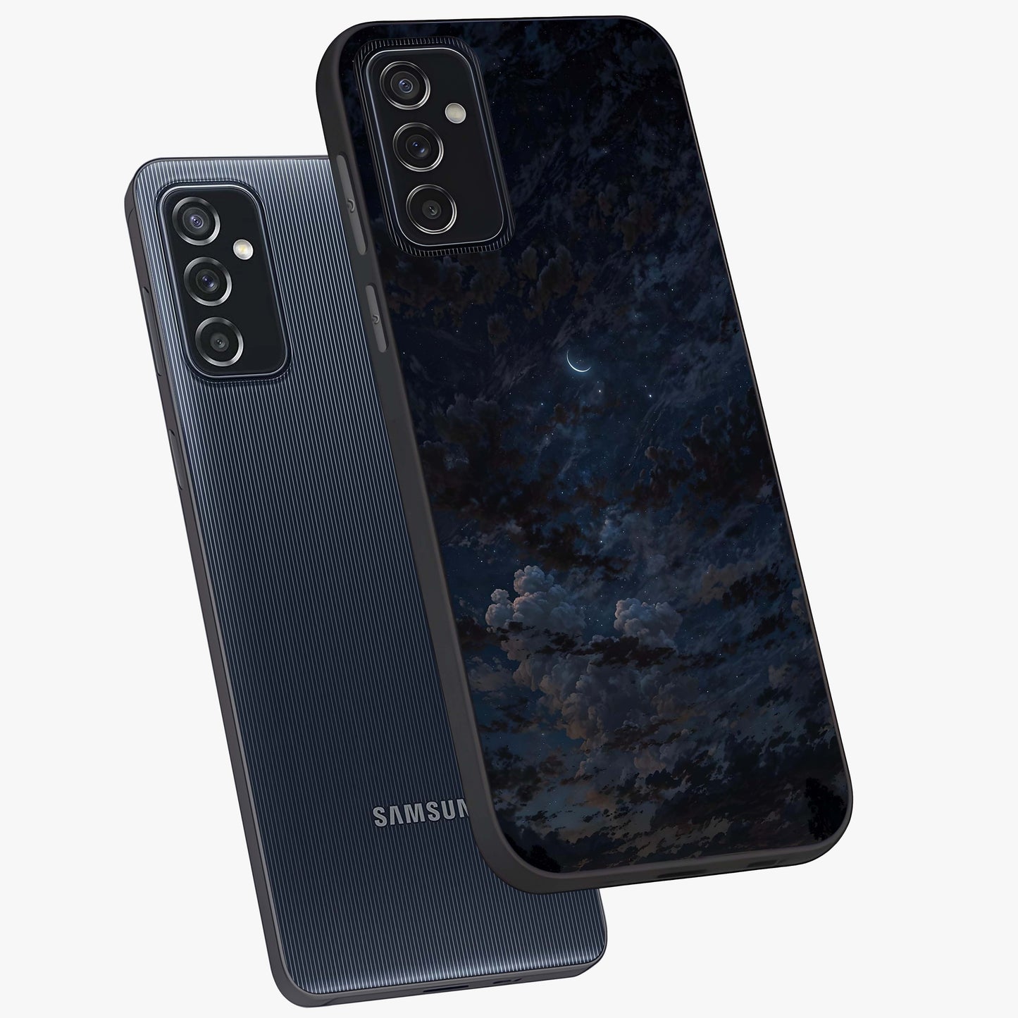 Lunar Veil Silence Glass Case displayed in angled mockup highlighting soft lunar design with peaceful celestial aesthetic.