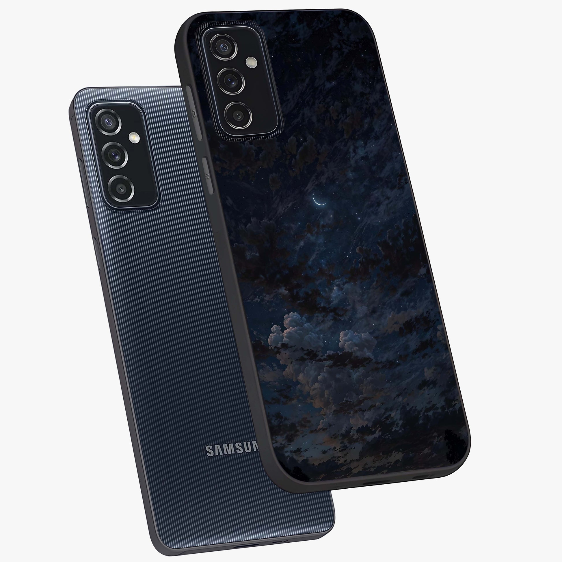 Lunar Veil Silence Glass Case displayed in angled mockup highlighting soft lunar design with peaceful celestial aesthetic.