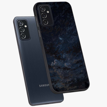 Lunar Veil Silence Glass Case displayed in angled mockup highlighting soft lunar design with peaceful celestial aesthetic.
