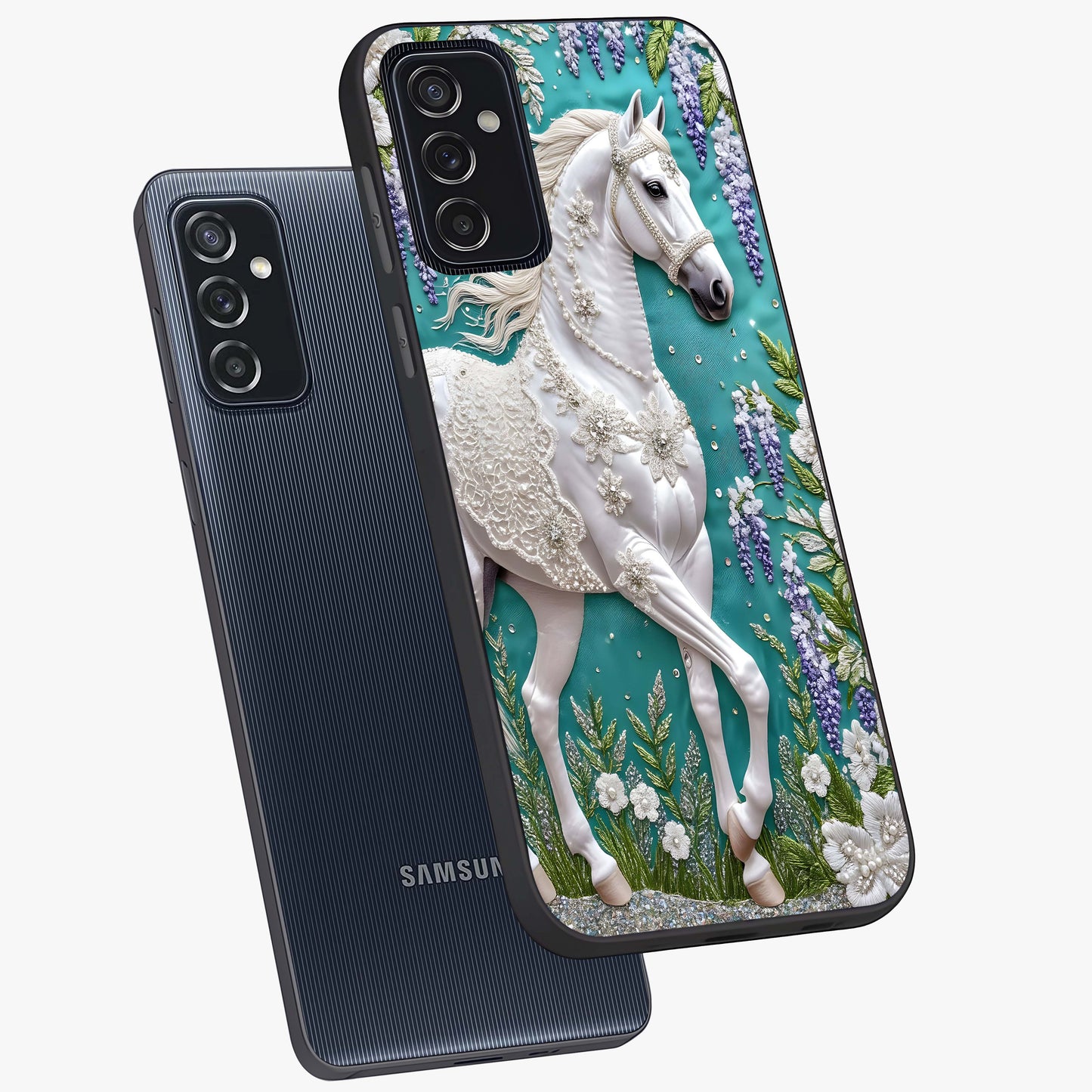 Majestic Floral Stallion Glass Case displayed in angled mockup highlighting majestic stallion illustration with elegant floral aesthetic.