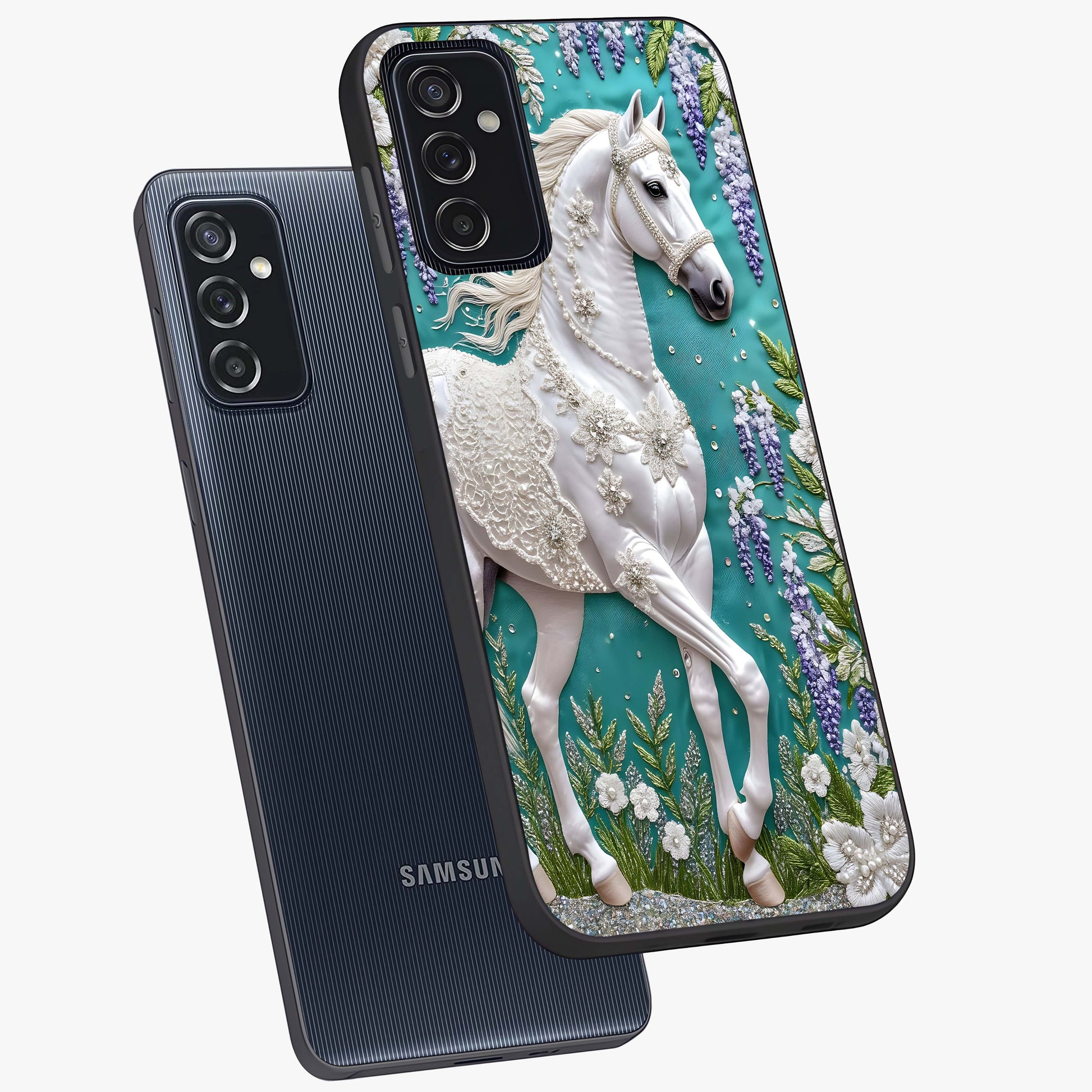 Majestic Floral Stallion Glass Case displayed in angled mockup highlighting majestic stallion illustration with elegant floral aesthetic.