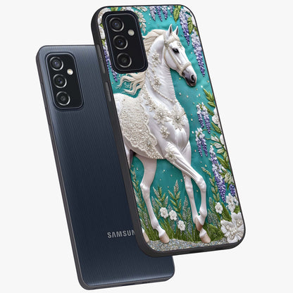 Majestic Floral Stallion Glass Case displayed in angled mockup highlighting majestic stallion illustration with elegant floral aesthetic.