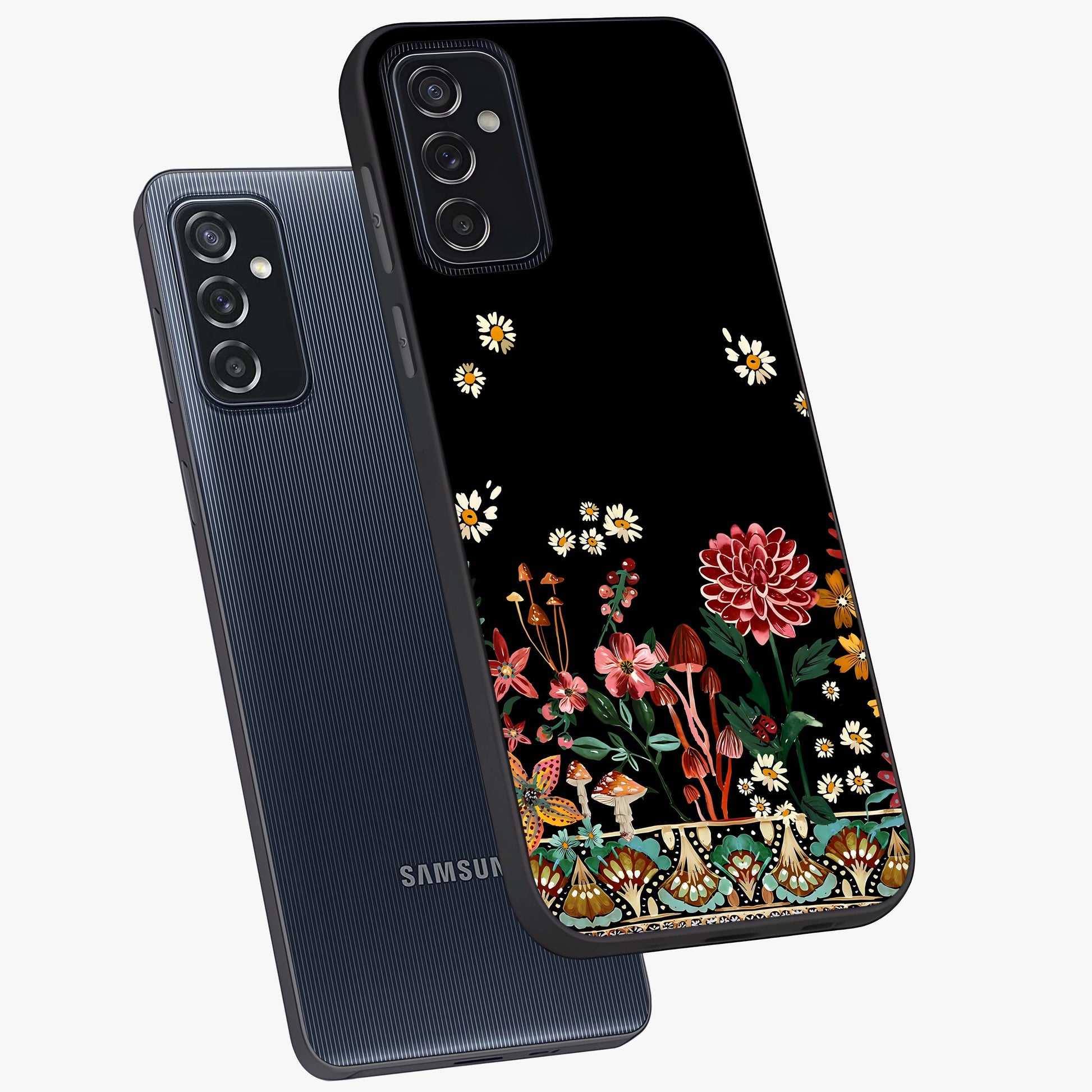 Midnight Bloom Pattern Glass Case displayed in angled mockup highlighting elegant flower design with midnight aesthetic style.