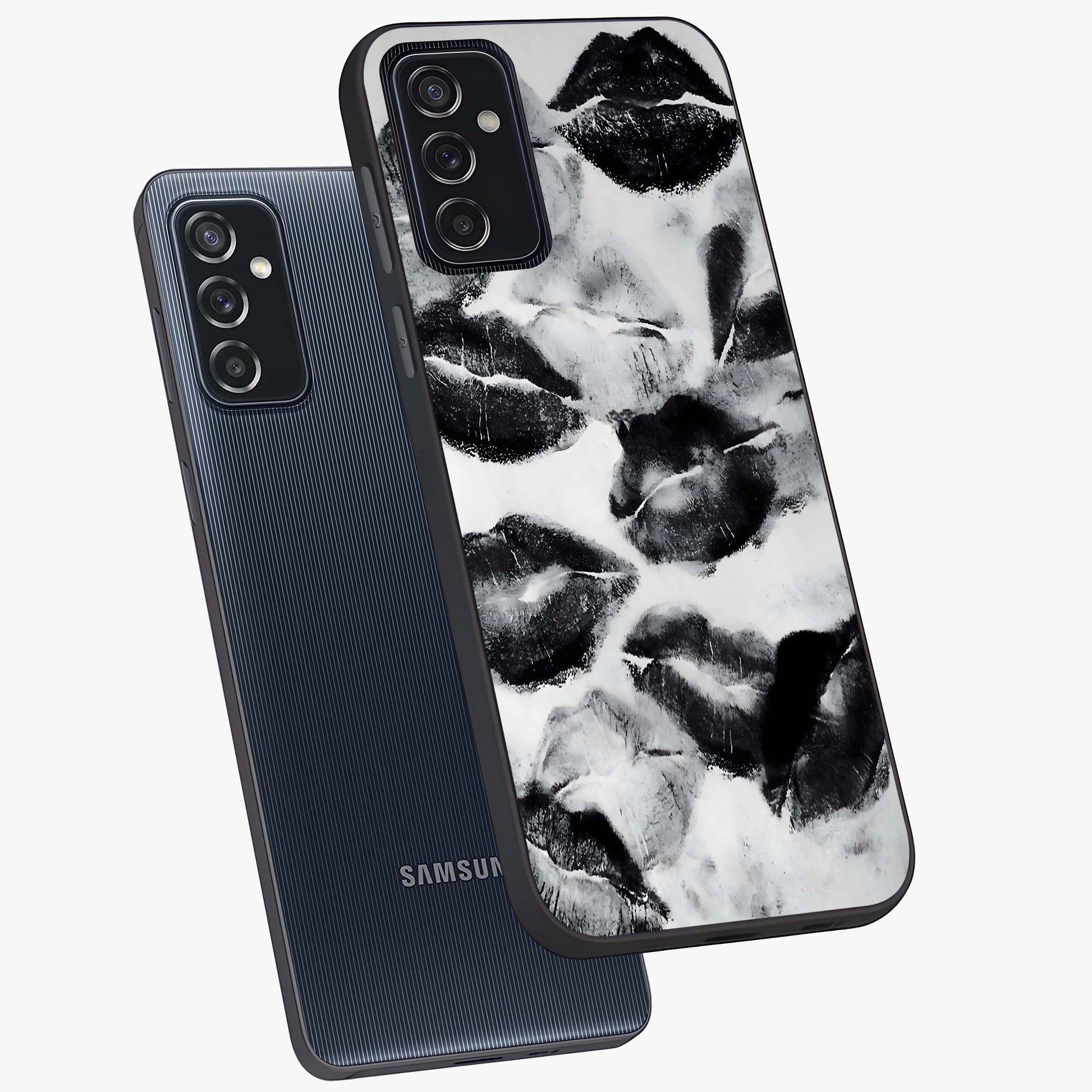 Midnight Kiss Marks Glass Case displayed in angled mockup highlighting playful romantic design with bold midnight aesthetic.