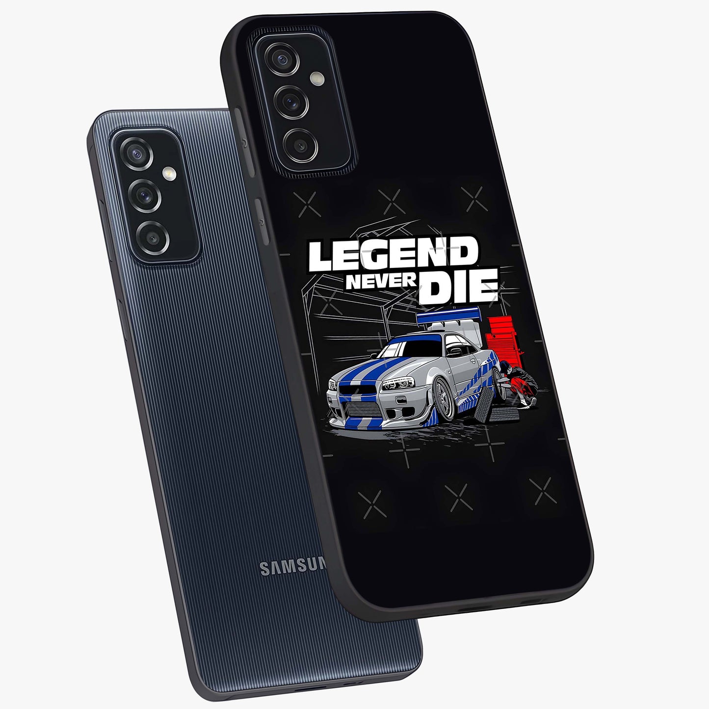 Midnight Racing Legacy Glass Case displayed in angled mockup highlighting dynamic automotive design with bold midnight aesthetic.