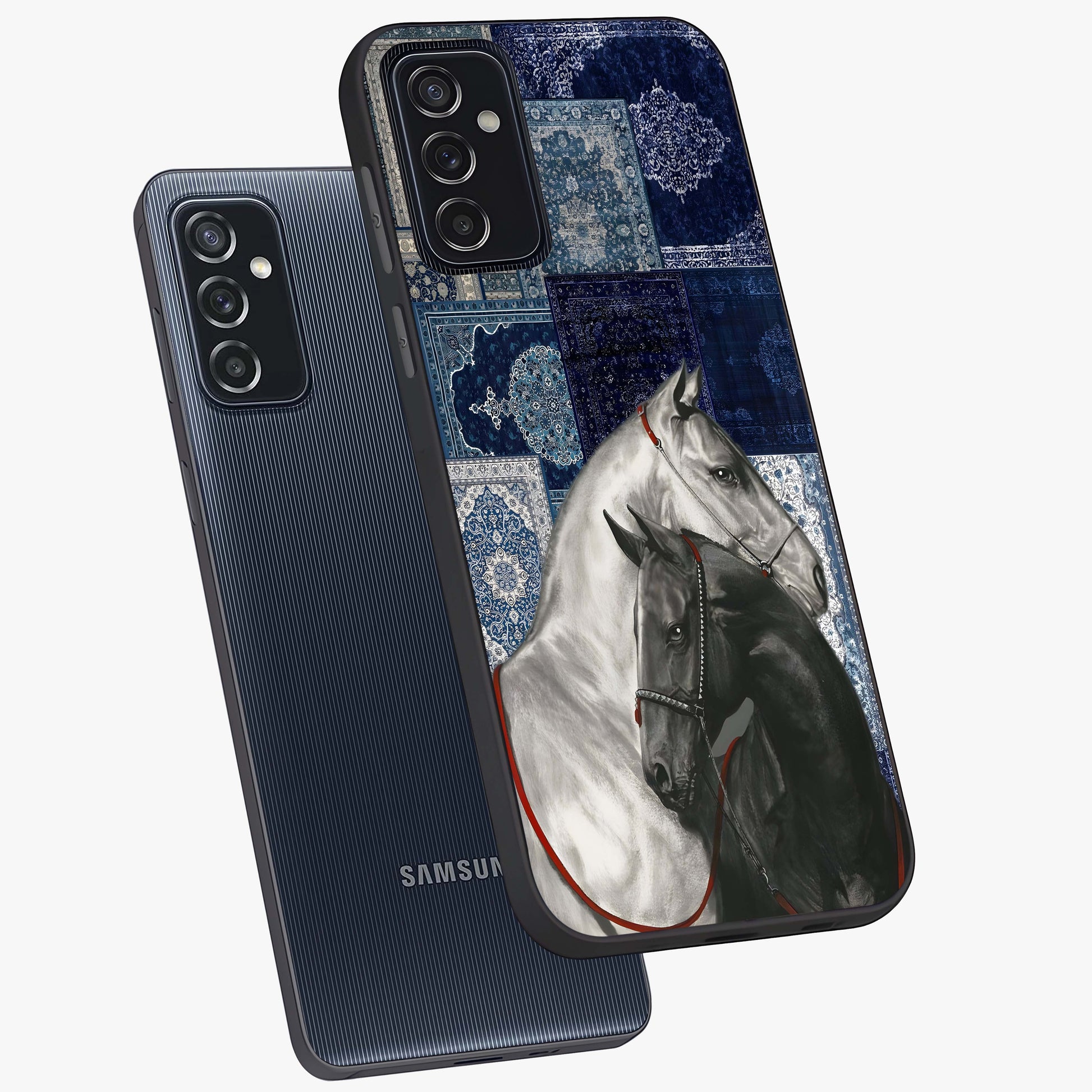 Midnight Stallion Blues Glass Case displayed in angled mockup highlighting powerful stallion illustration with deep midnight tones.