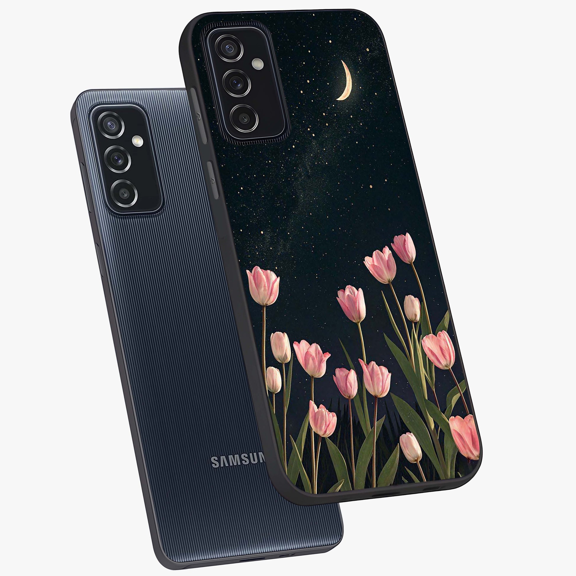 Midnight Tulip Whispers Vibe Glass Case displayed in angled mockup highlighting delicate tulip design with midnight floral aesthetic.