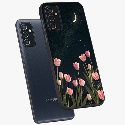 Midnight Tulip Whispers Vibe Glass Case displayed in angled mockup highlighting delicate tulip design with midnight floral aesthetic.