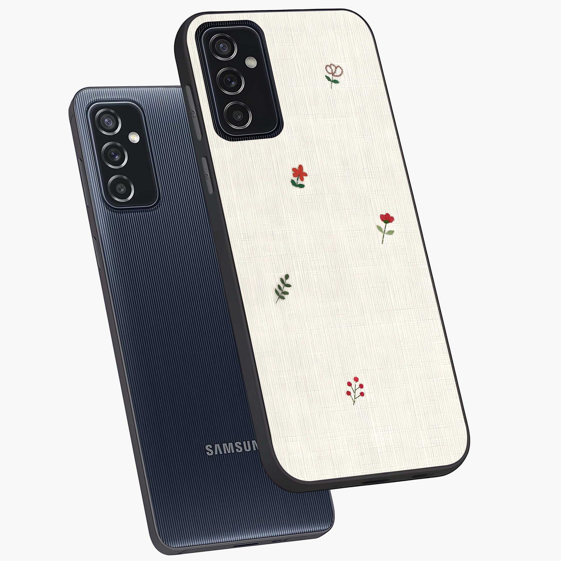 Minimalistic Blue With White Flower Pattern Glass Case displayed in angled mockup highlighting simple floral design with minimal aesthetic.