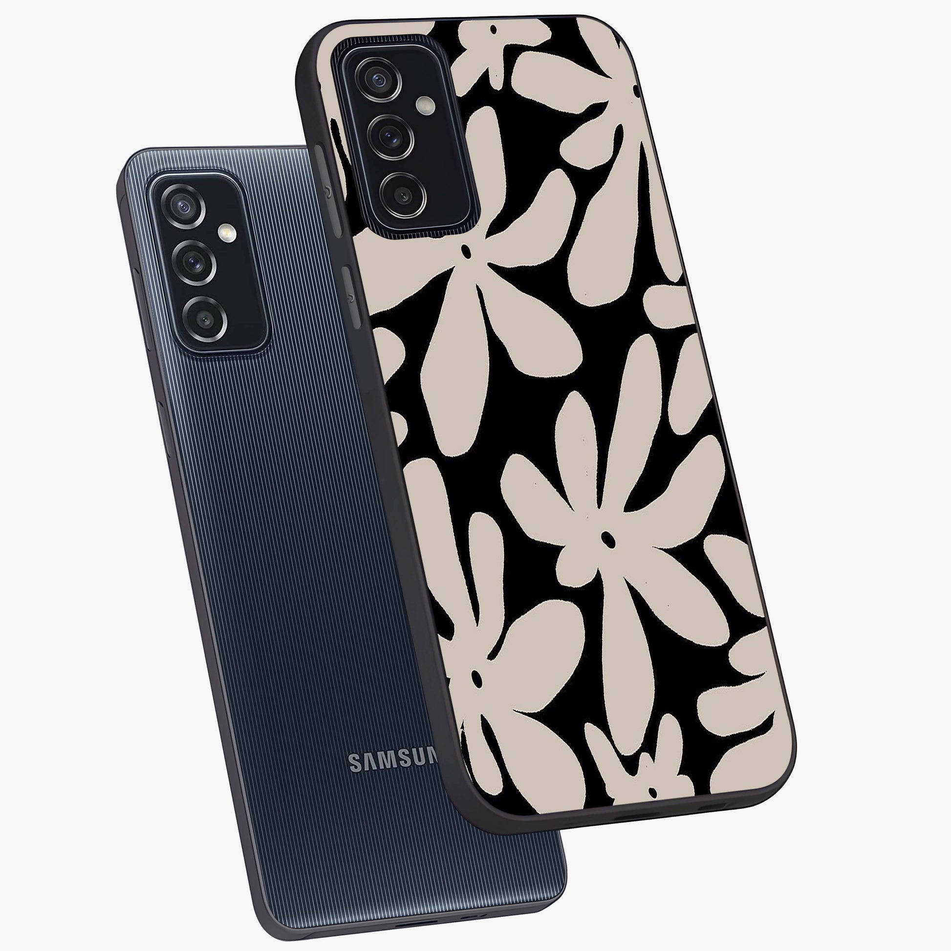 Monochrome Petal Dance Glass Case displayed in angled mockup highlighting elegant petal design with black and white aesthetic.