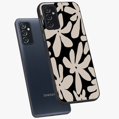 Monochrome Petal Dance Glass Case displayed in angled mockup highlighting elegant petal design with black and white aesthetic.
