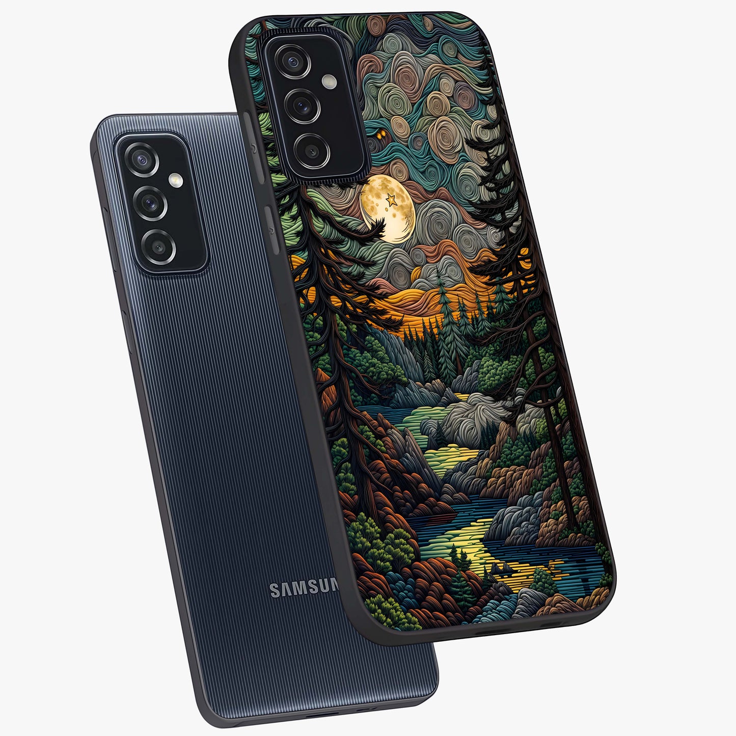 Moonlight Forest Dream Glass Case displayed in angled mockup highlighting dreamy forest design with glowing moon aesthetic.