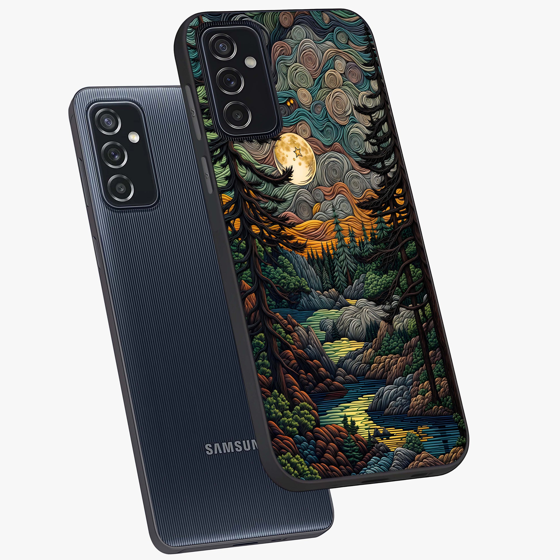 Moonlight Forest Dream Glass Case displayed in angled mockup highlighting dreamy forest design with glowing moon aesthetic.