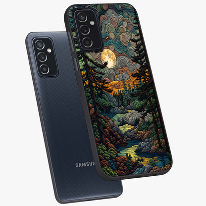 Moonlight Forest Dream Glass Case displayed in angled mockup highlighting dreamy forest design with glowing moon aesthetic.