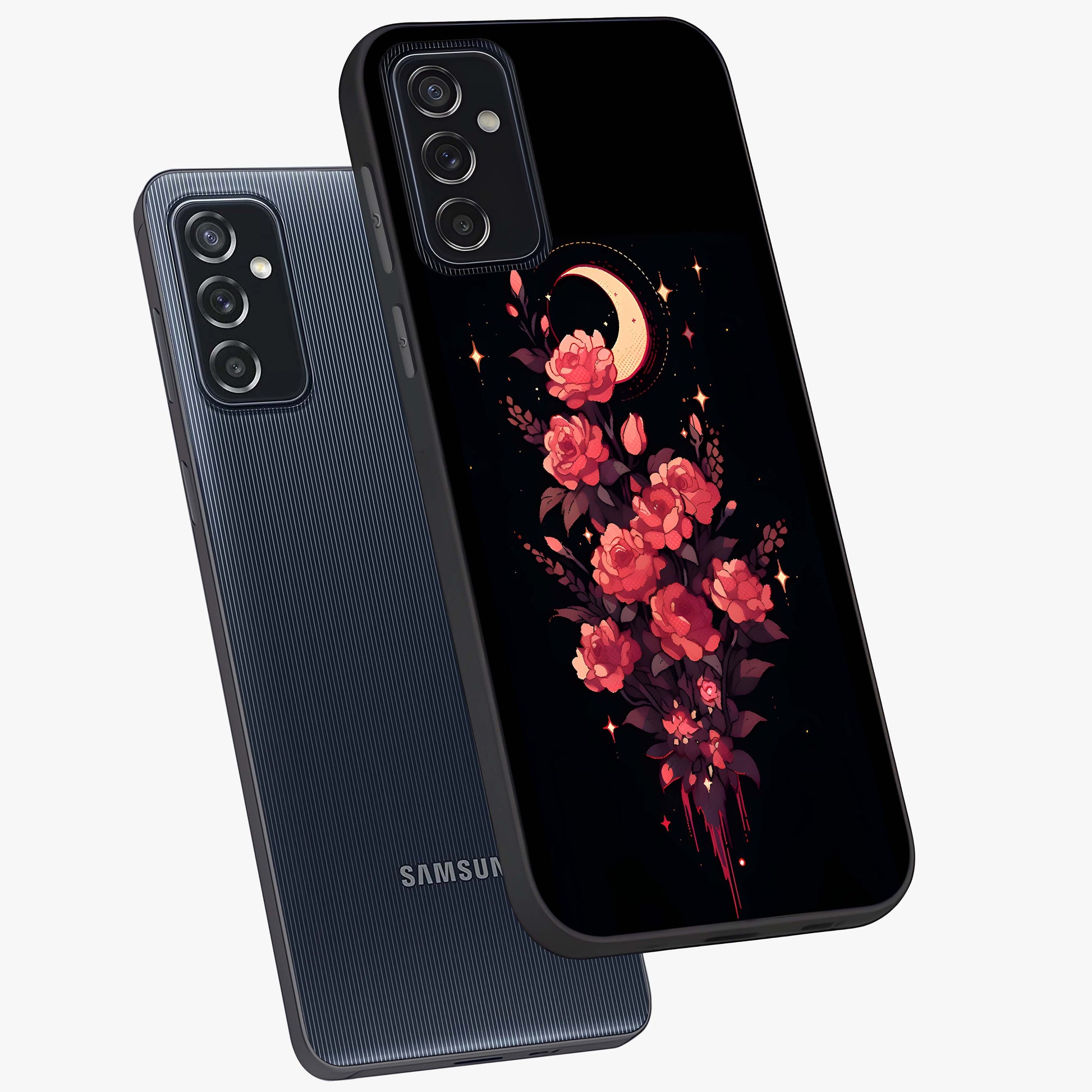 Moonlit Floral Elegance Glass Case displayed in angled mockup highlighting graceful flower design with soft moonlight aesthetic.