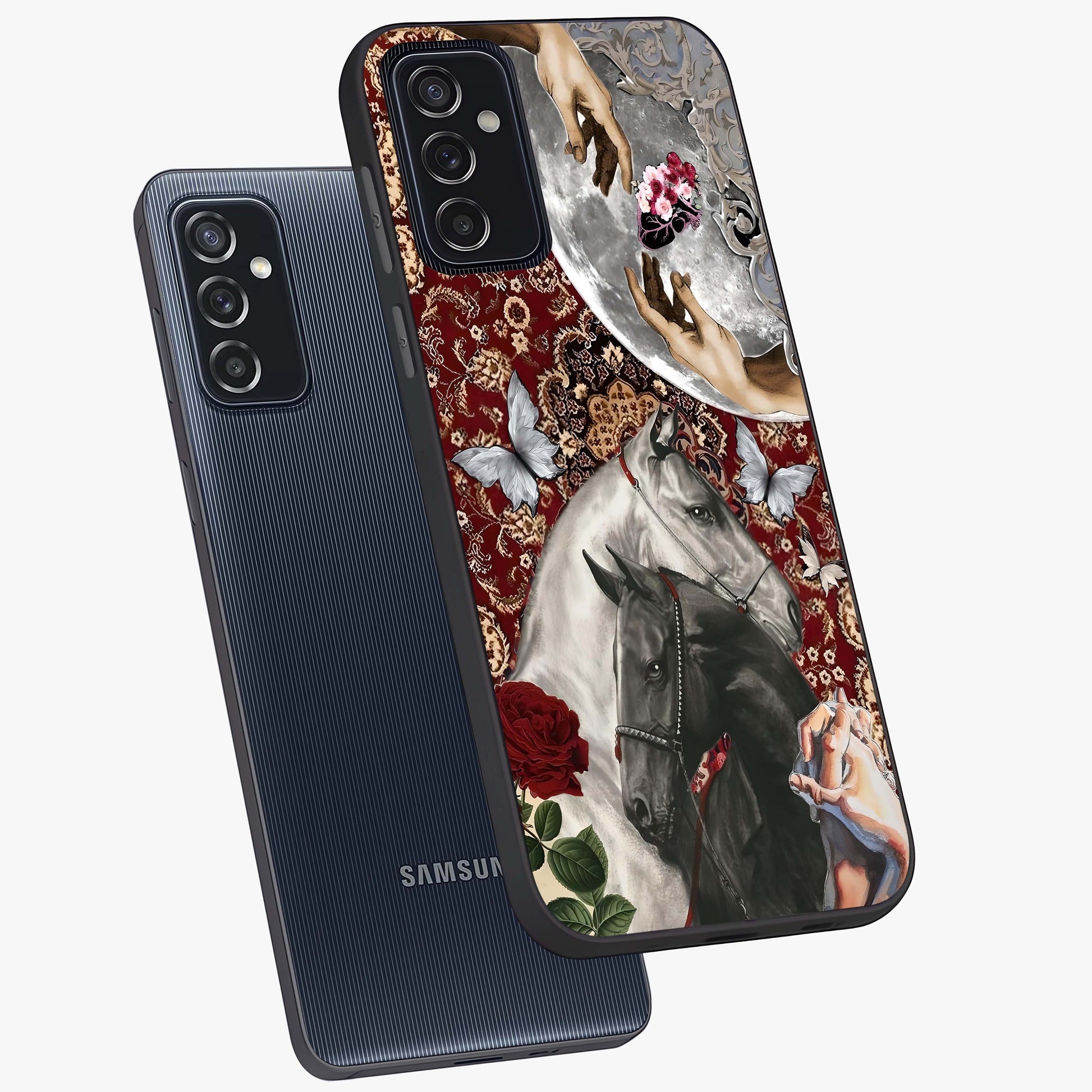 Moonlit Royal Stallion Glass Case displayed in angled mockup highlighting powerful stallion illustration with royal night aesthetic.