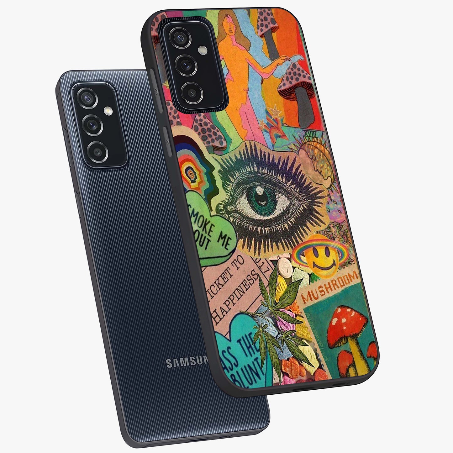 Mystic Eye Wonderland Glass Case displayed in angled mockup highlighting magical eye illustration with dreamy aesthetic.