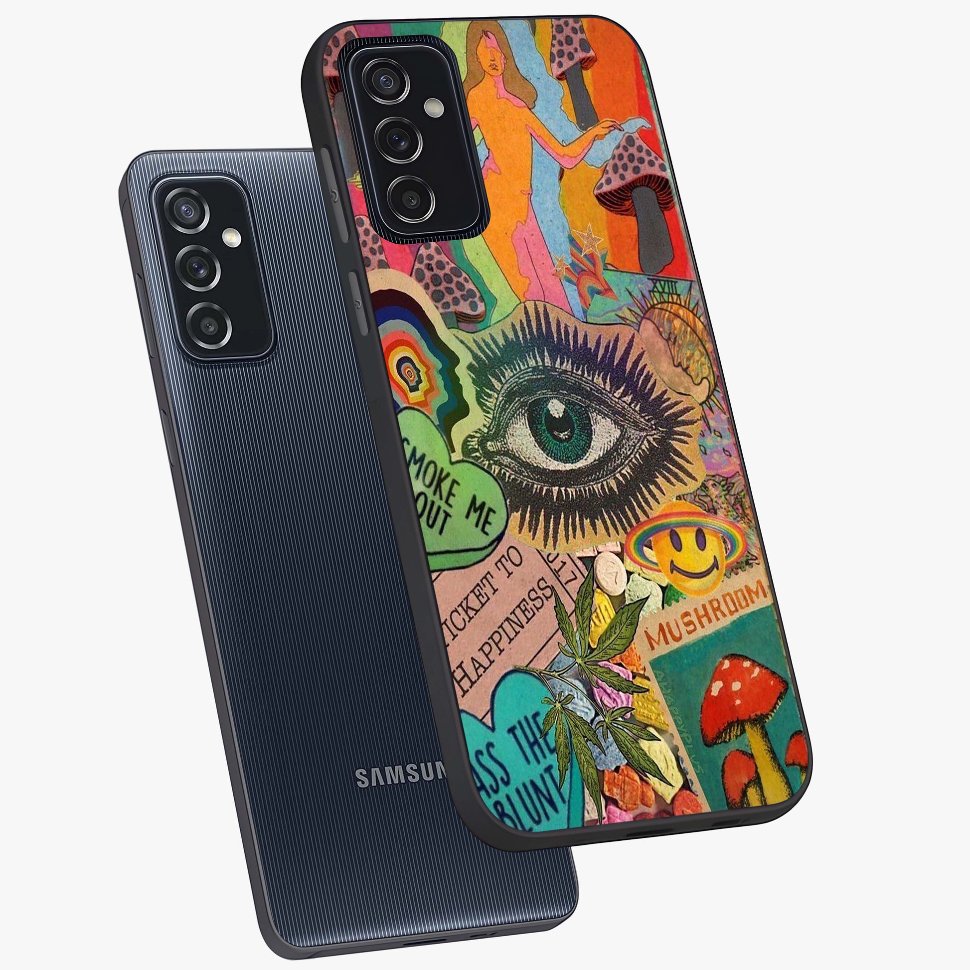 Mystic Eye Wonderland Glass Case displayed in angled mockup highlighting magical eye illustration with dreamy aesthetic.