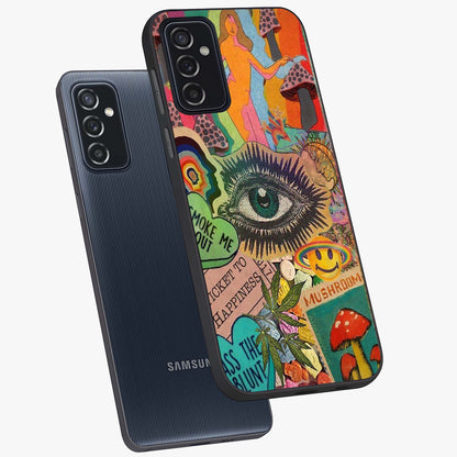 Mystic Eye Wonderland Glass Case displayed in angled mockup highlighting magical eye illustration with dreamy aesthetic.