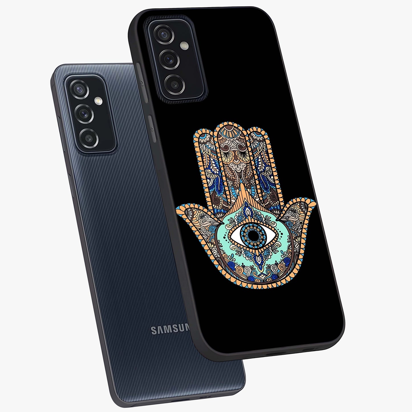 Mystic Hamsa Eye Glass Case displayed in angled mockup highlighting spiritual hamsa symbol with mystical aesthetic style.