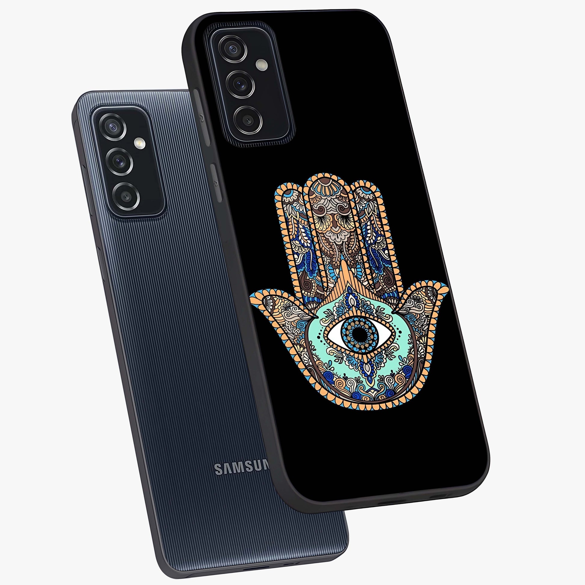 Mystic Hamsa Eye Glass Case displayed in angled mockup highlighting spiritual hamsa symbol with mystical aesthetic style.