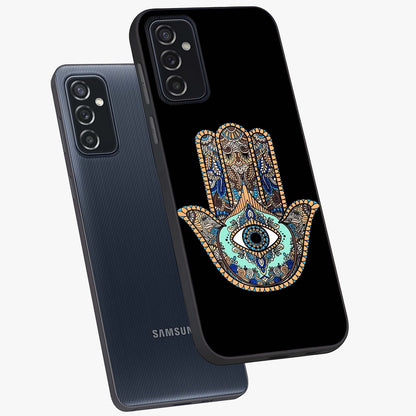 Mystic Hamsa Eye Glass Case displayed in angled mockup highlighting spiritual hamsa symbol with mystical aesthetic style.
