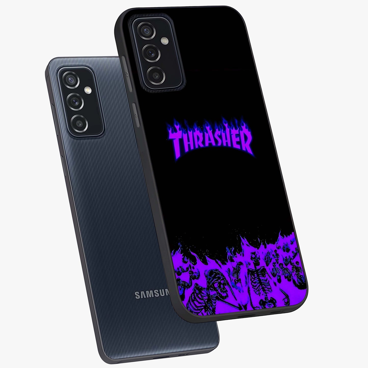 Neon Flame Riot Glass Case displayed in angled mockup highlighting glowing flame design with vibrant neon aesthetic.