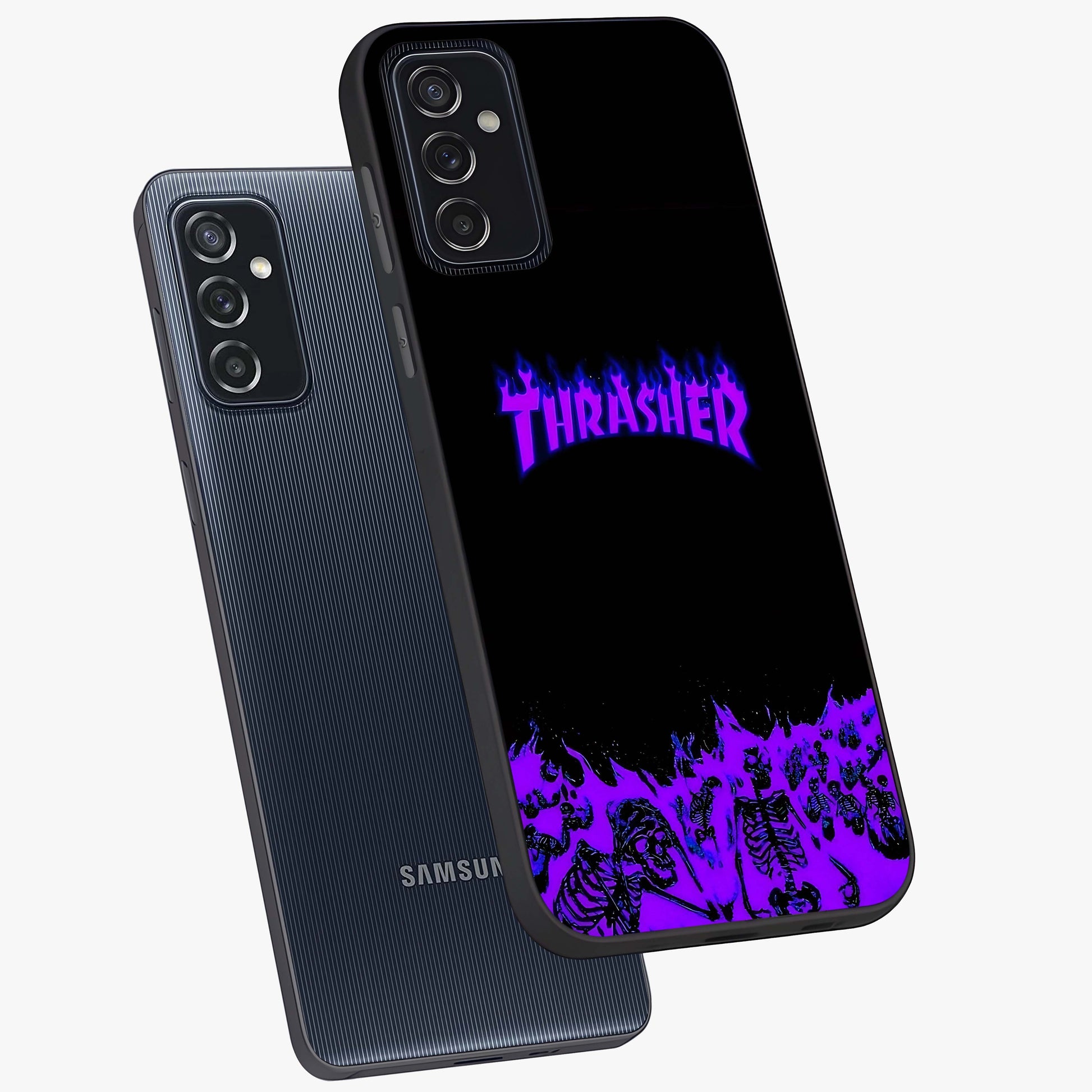 Neon Flame Riot Glass Case displayed in angled mockup highlighting glowing flame design with vibrant neon aesthetic.