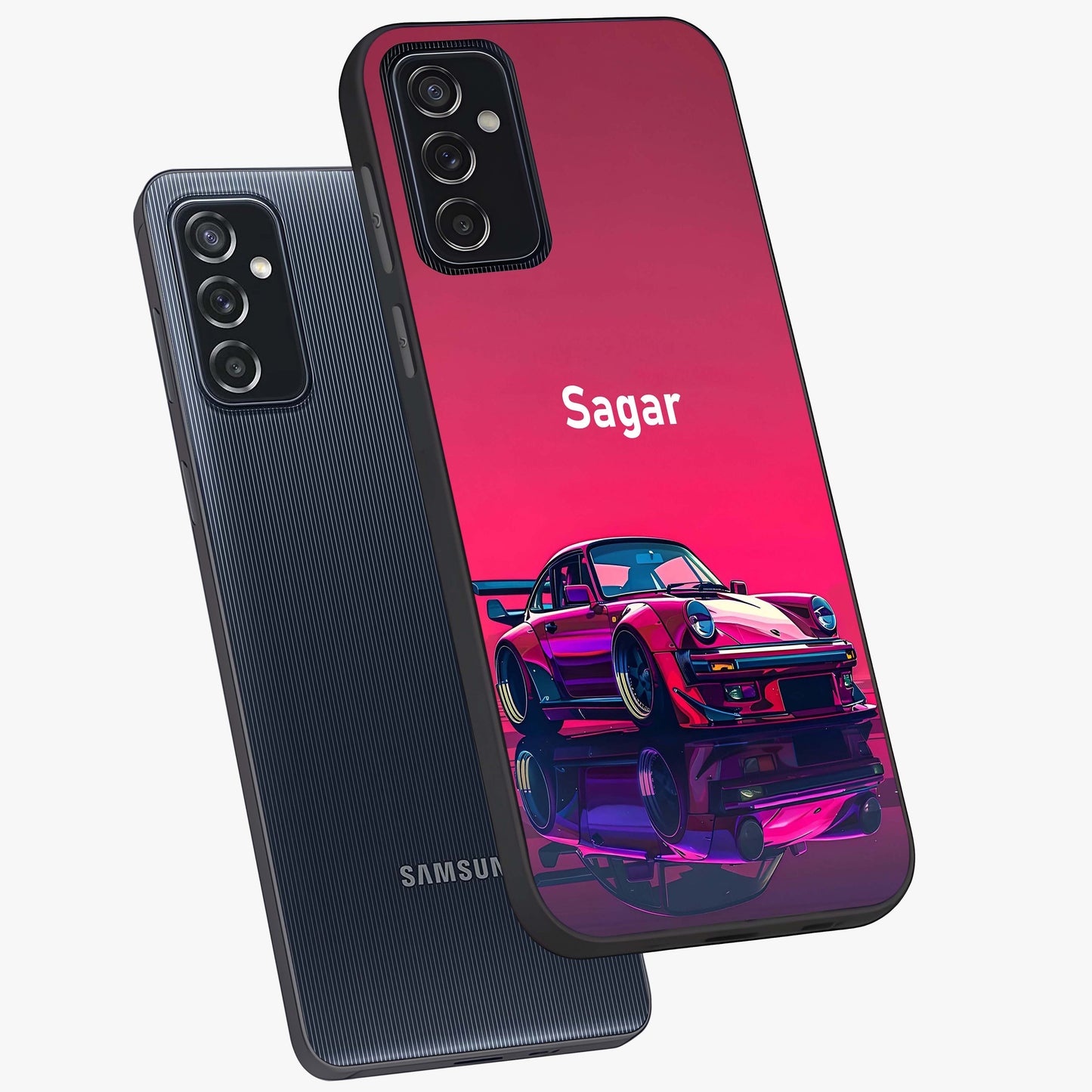 Neon Pink Porsche Glass Case displayed in angled mockup highlighting sleek neon pink car design with racing aesthetic.