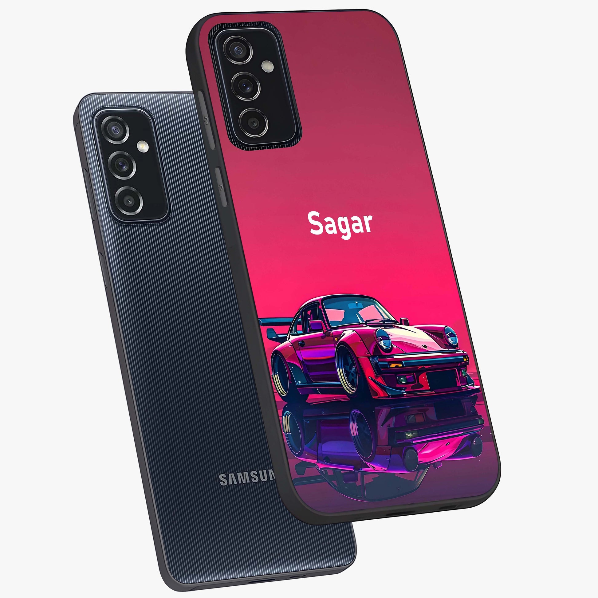Neon Pink Porsche Glass Case displayed in angled mockup highlighting sleek neon pink car design with racing aesthetic.