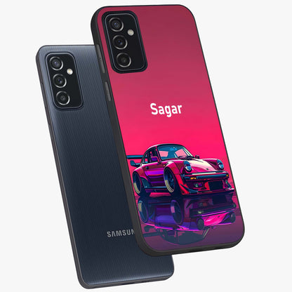 Neon Pink Porsche Glass Case displayed in angled mockup highlighting sleek neon pink car design with racing aesthetic.