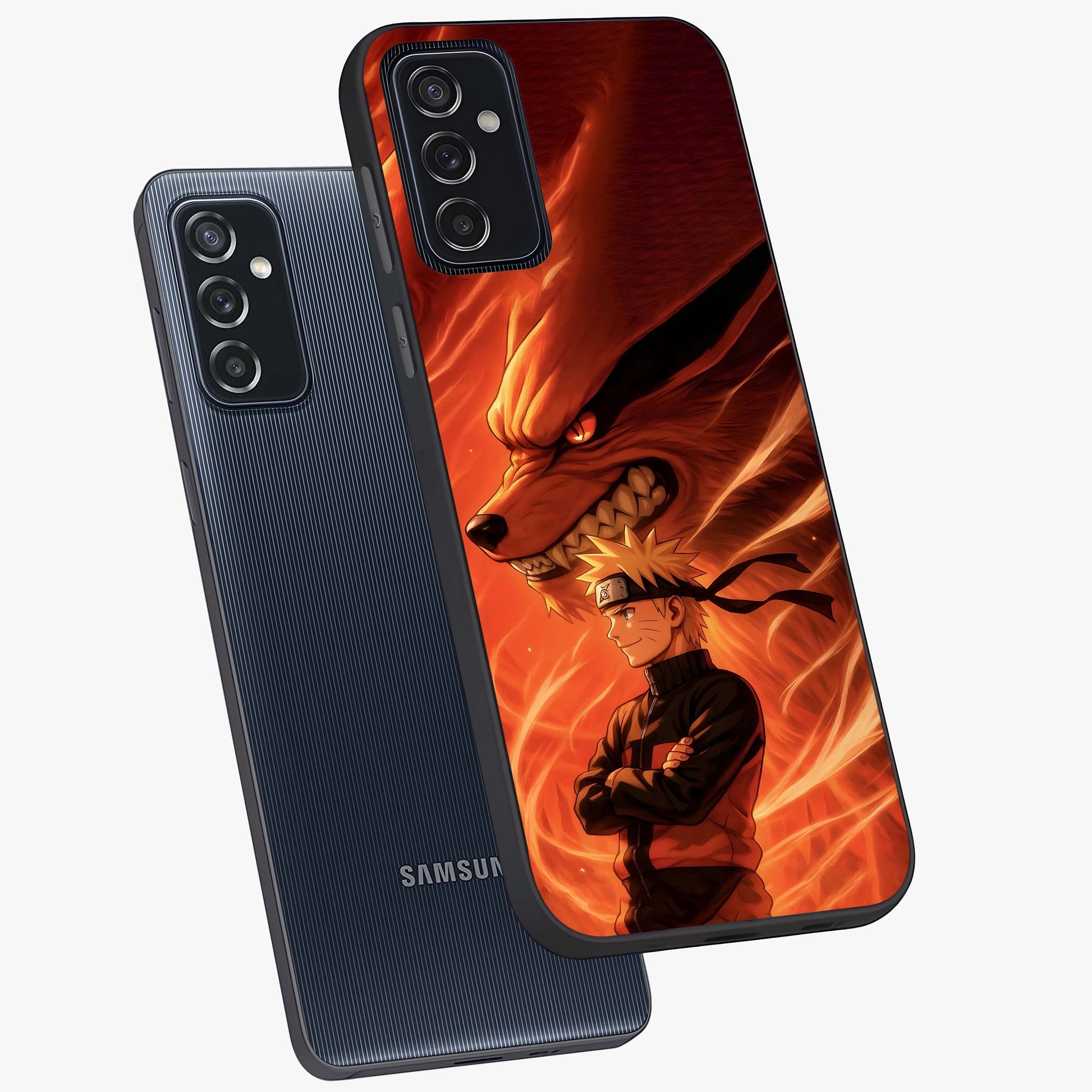 Nine Tails Legacy Glass Case displayed in angled mockup highlighting dynamic anime beast illustration with bold mystical aesthetic.