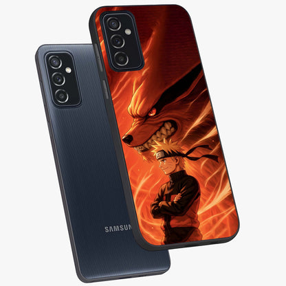 Nine Tails Legacy Glass Case displayed in angled mockup highlighting dynamic anime beast illustration with bold mystical aesthetic.