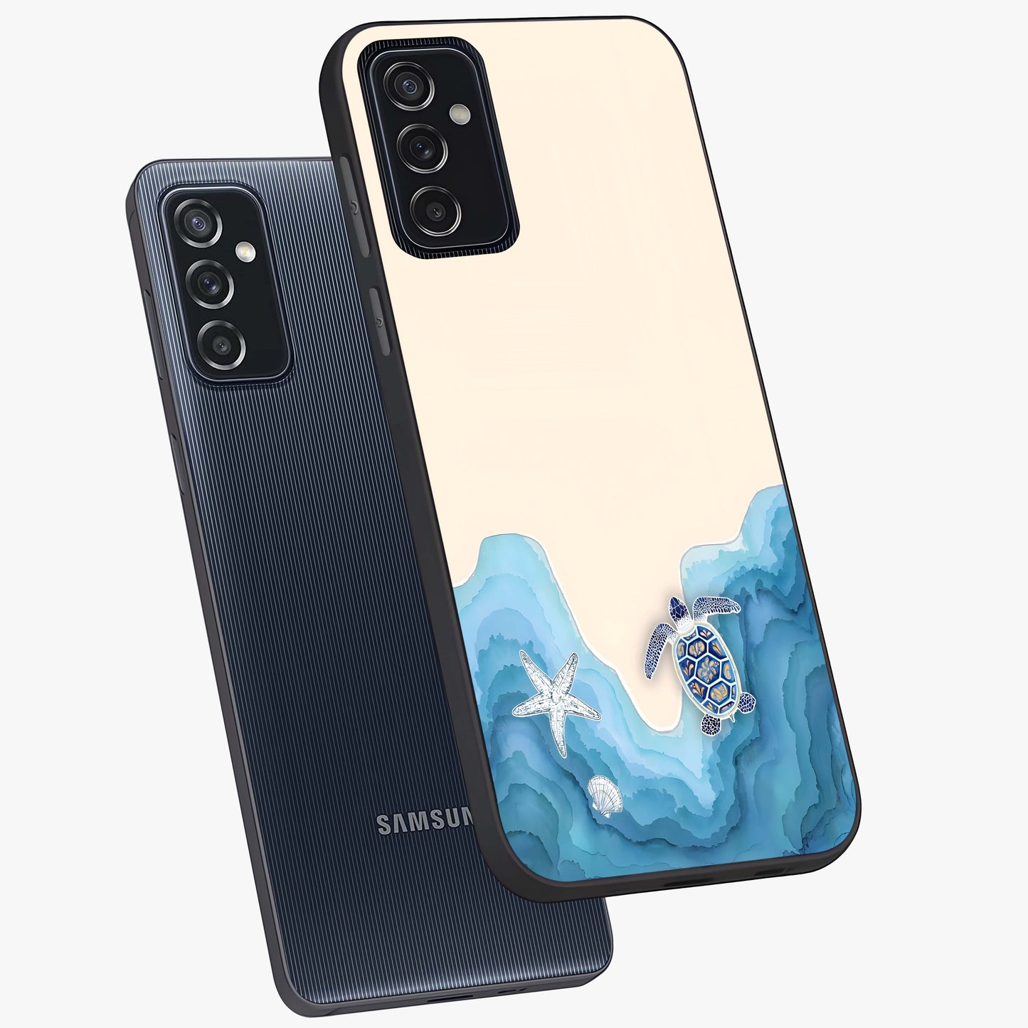 Ocean Drift Turtle Glass Case displayed in angled mockup highlighting peaceful ocean turtle illustration with marine aesthetic.
