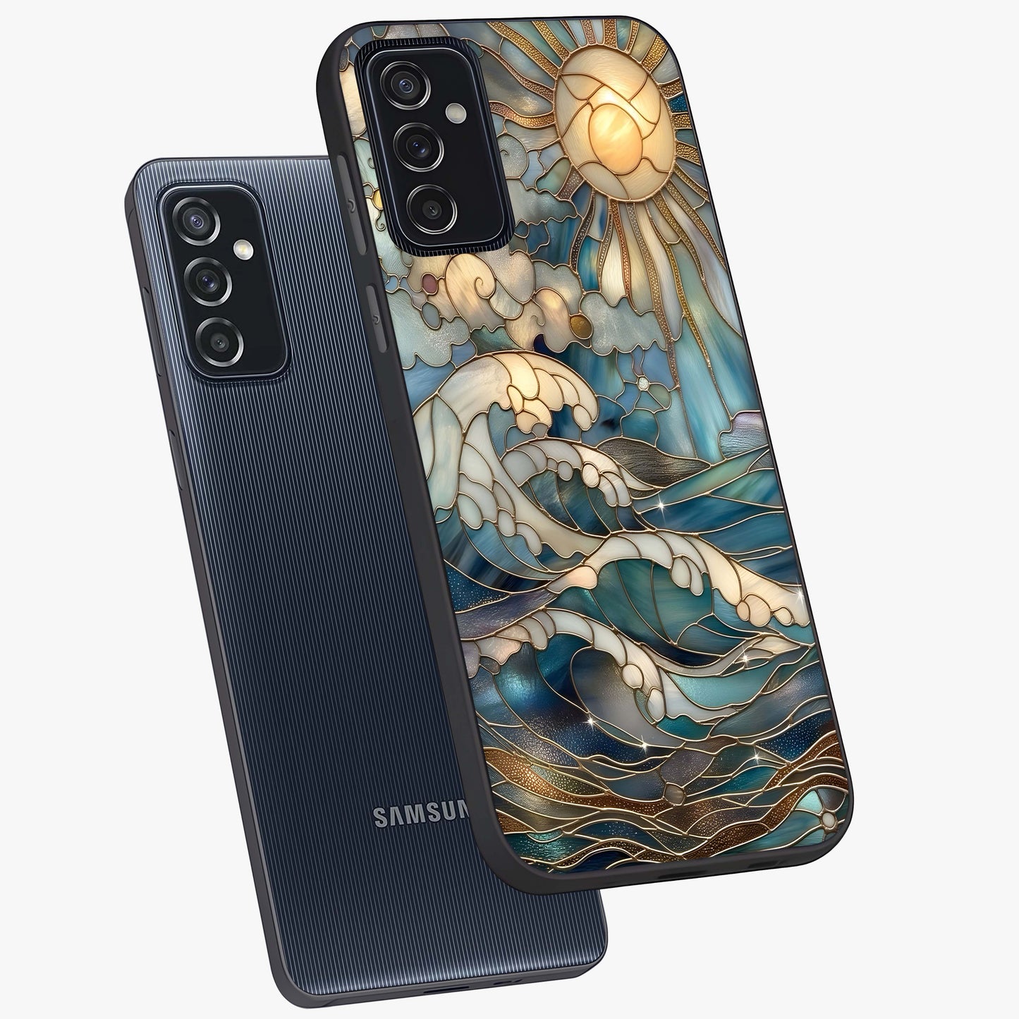 Oceanic Stained Printed Glass Case displayed in angled mockup highlighting colorful aquatic design with artistic aesthetic style.