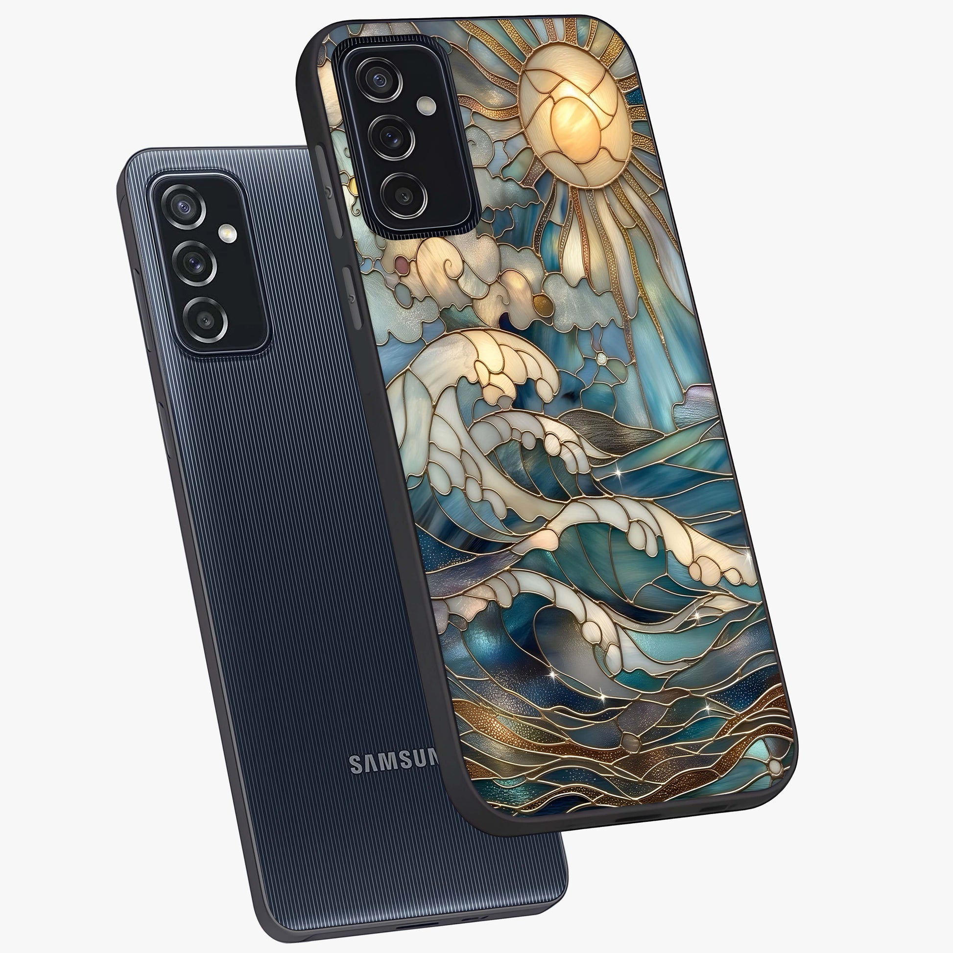Oceanic Stained Printed Glass Case displayed in angled mockup highlighting colorful aquatic design with artistic aesthetic style.