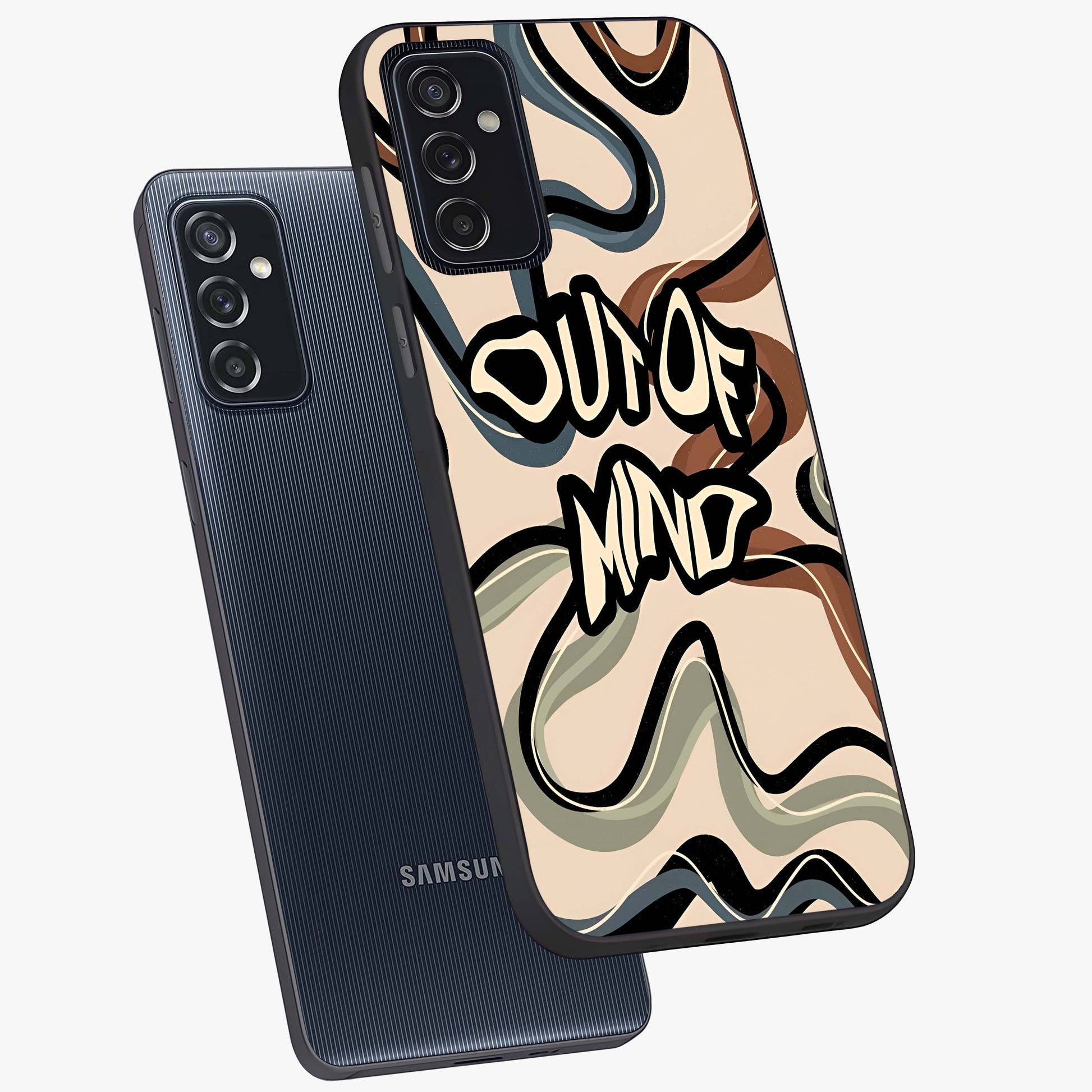 Out Of Mind Glass Case displayed in angled mockup highlighting bold statement design with modern artistic aesthetic.