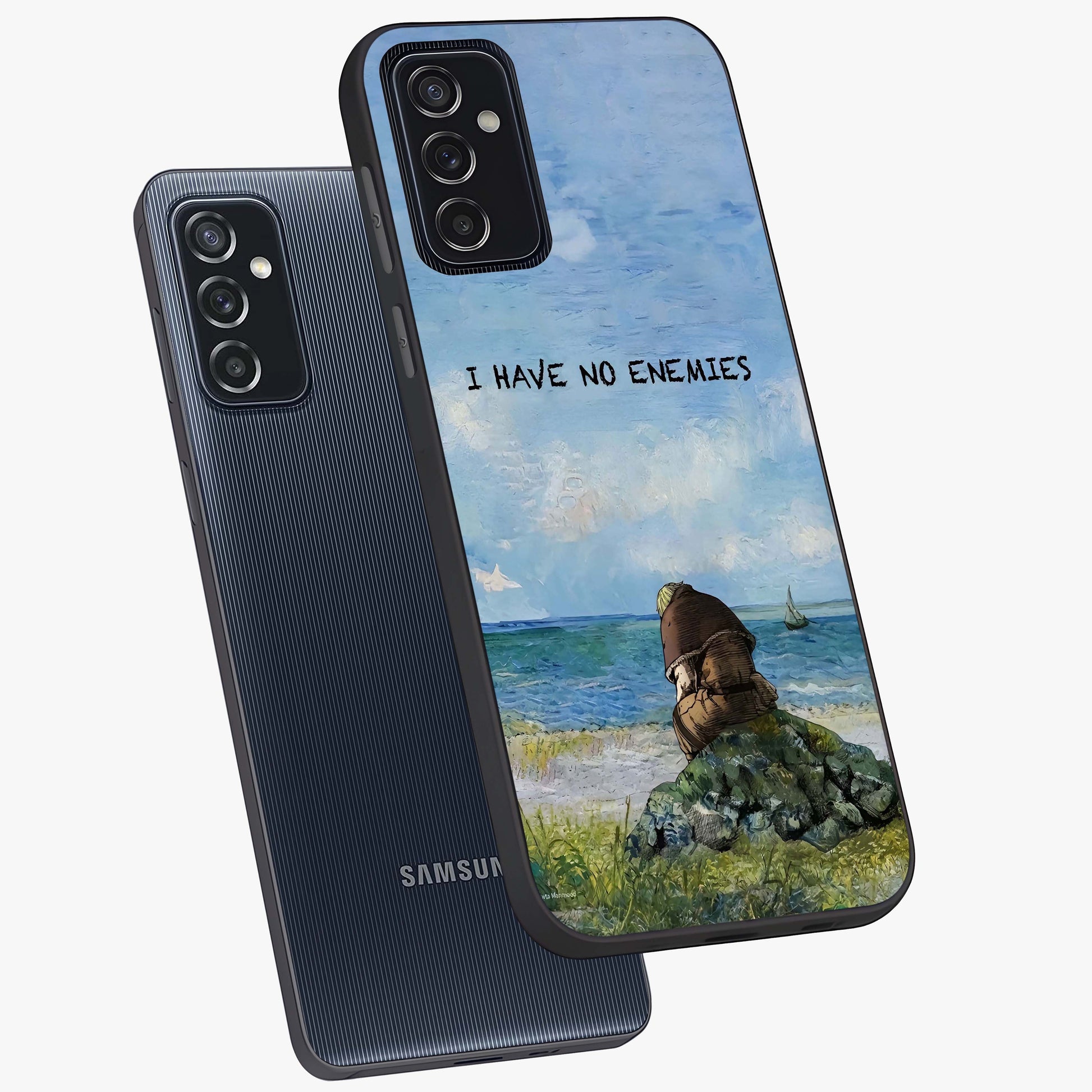 Peace Beyond War Glass Case displayed in angled mockup highlighting meaningful message design with artistic aesthetic style.