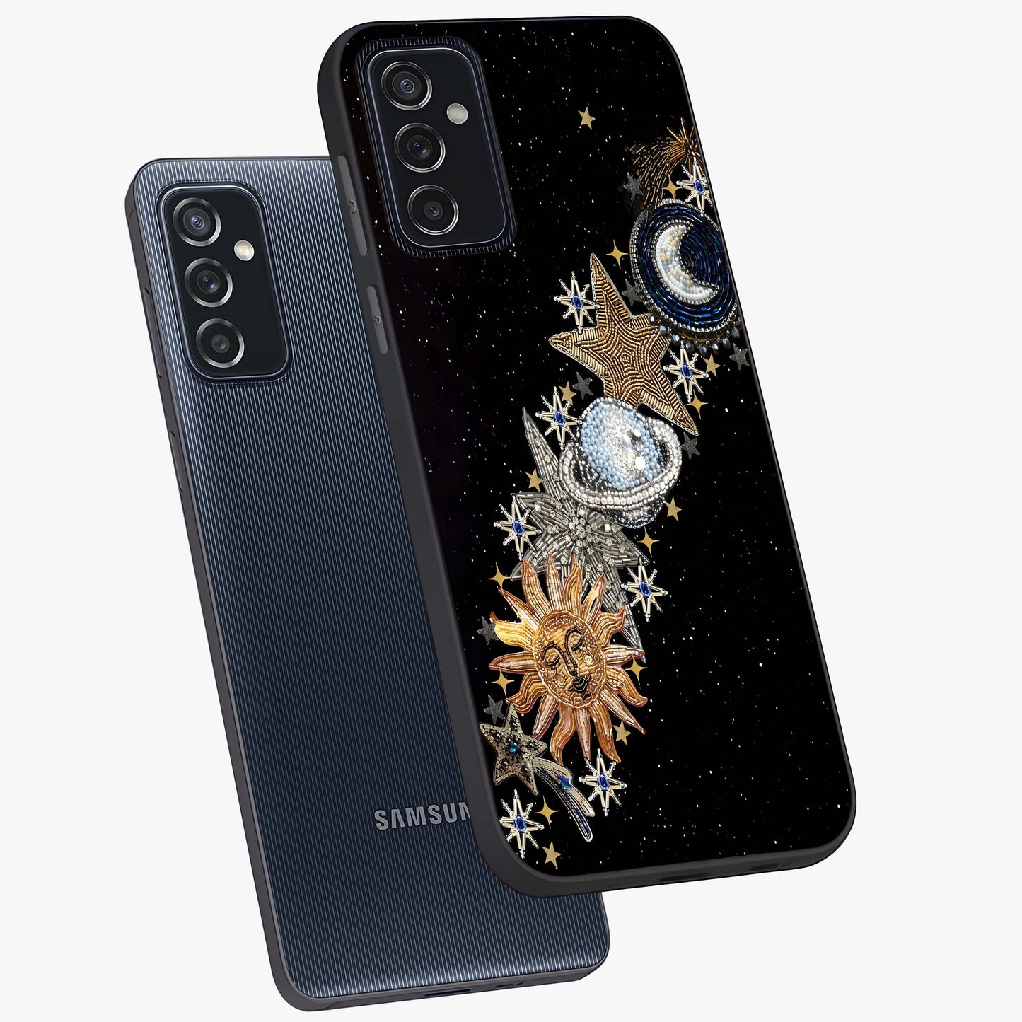 Pearls Universe Object Glass Case displayed in angled mockup highlighting celestial pearl design with dreamy aesthetic.