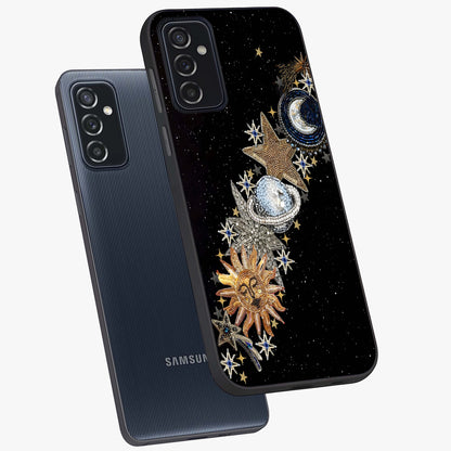 Pearls Universe Object Glass Case displayed in angled mockup highlighting celestial pearl design with dreamy aesthetic.