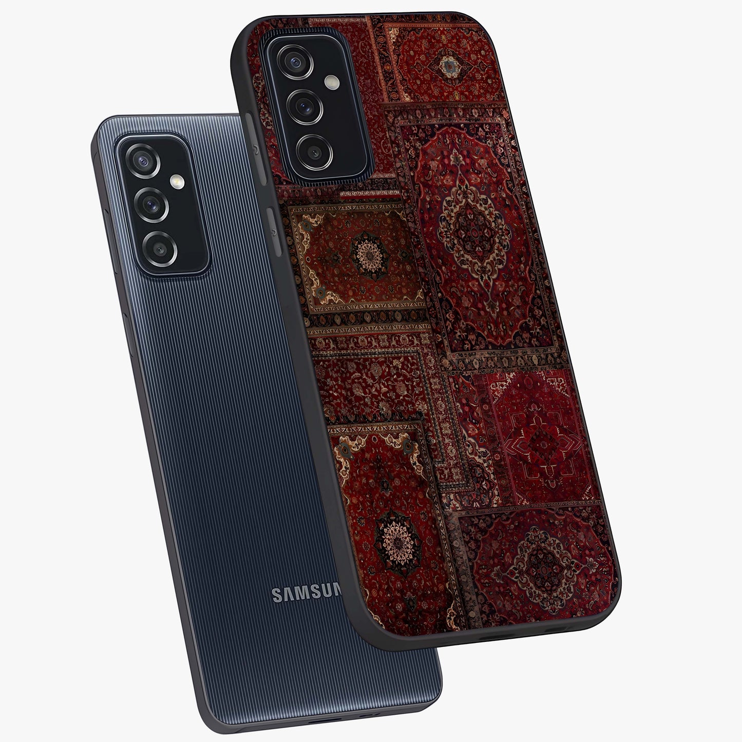 Persian Velvet Tale Glass Case displayed in angled mockup highlighting ornate textile inspired design with royal aesthetic.