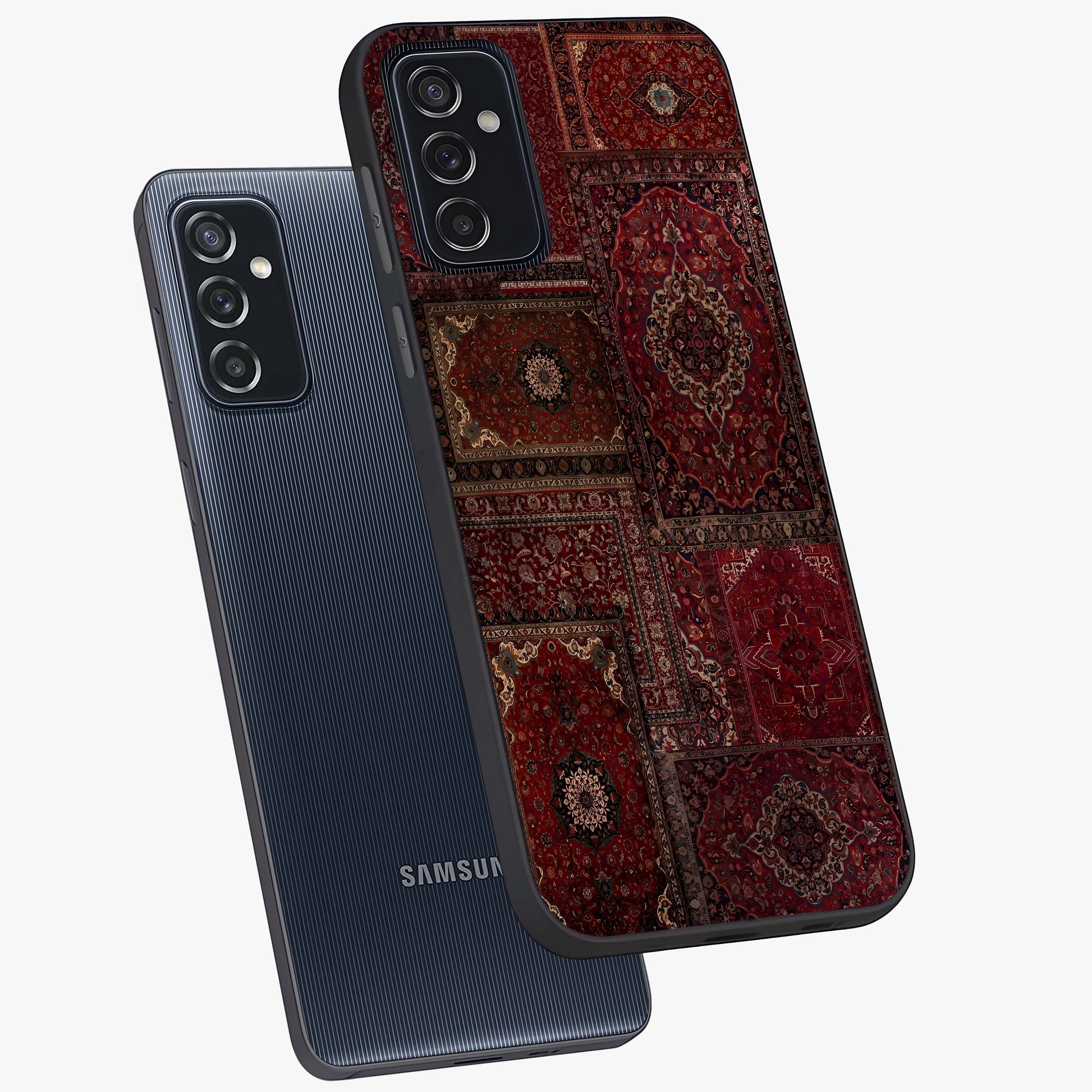 Persian Velvet Tale Glass Case displayed in angled mockup highlighting ornate textile inspired design with royal aesthetic.
