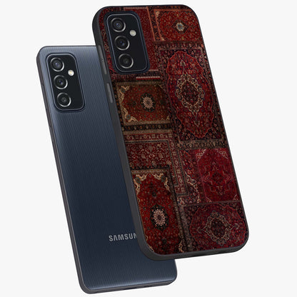 Persian Velvet Tale Glass Case displayed in angled mockup highlighting ornate textile inspired design with royal aesthetic.