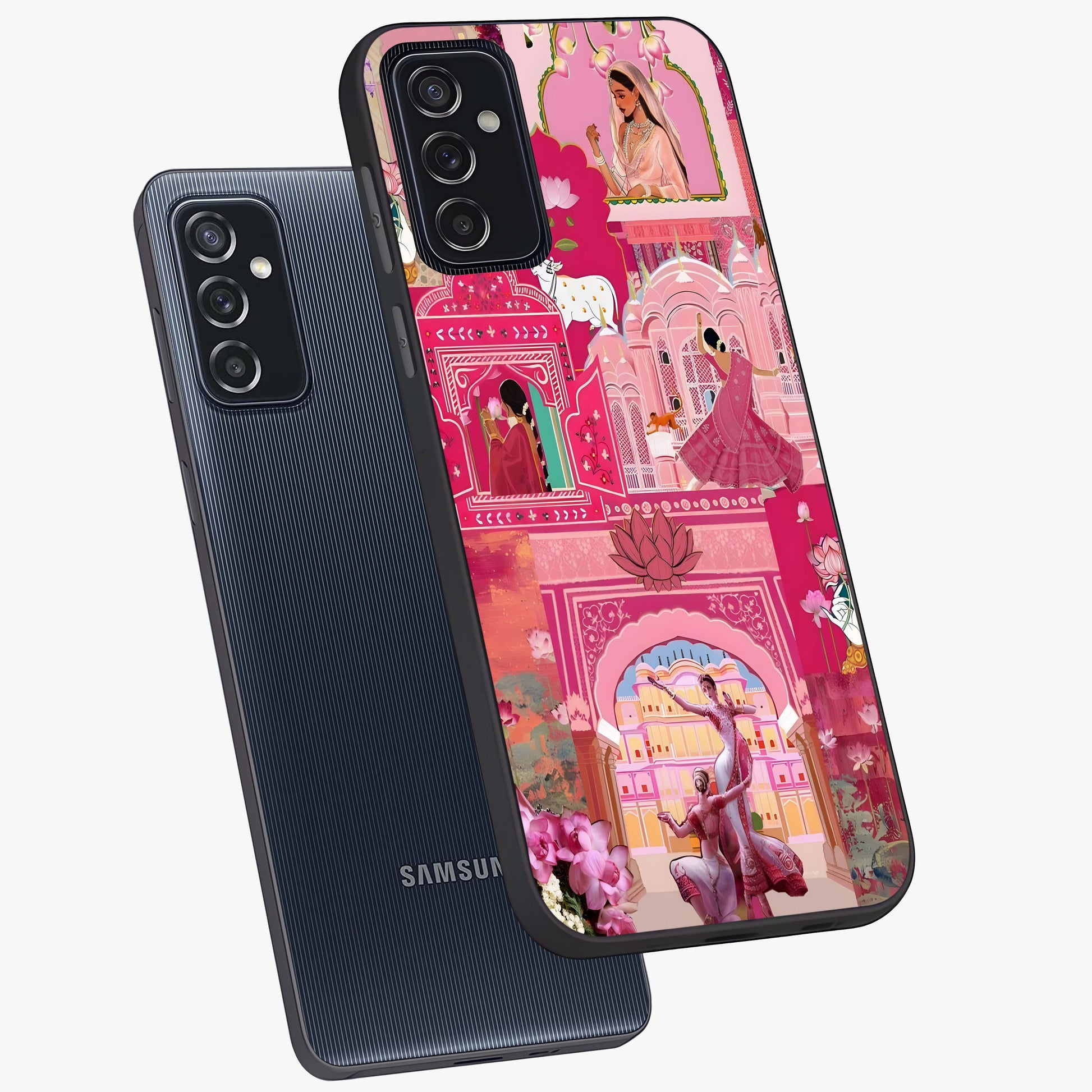 Pink Palace Muse Glass Case displayed in angled mockup highlighting dreamy palace illustration with soft pink aesthetic.