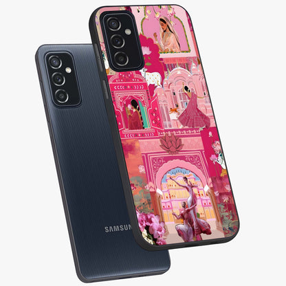 Pink Palace Muse Glass Case displayed in angled mockup highlighting dreamy palace illustration with soft pink aesthetic.