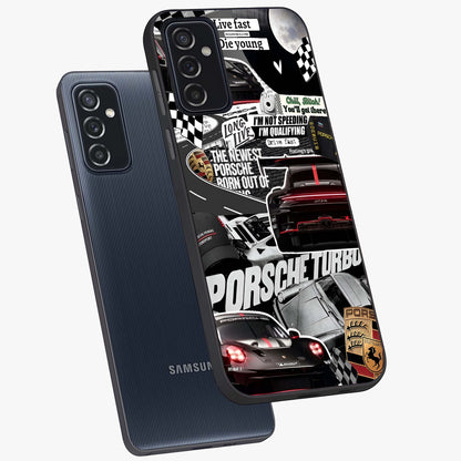 Porsche Racing Collage Glass Case displayed in angled mockup highlighting dynamic automotive design with bold racing aesthetic.