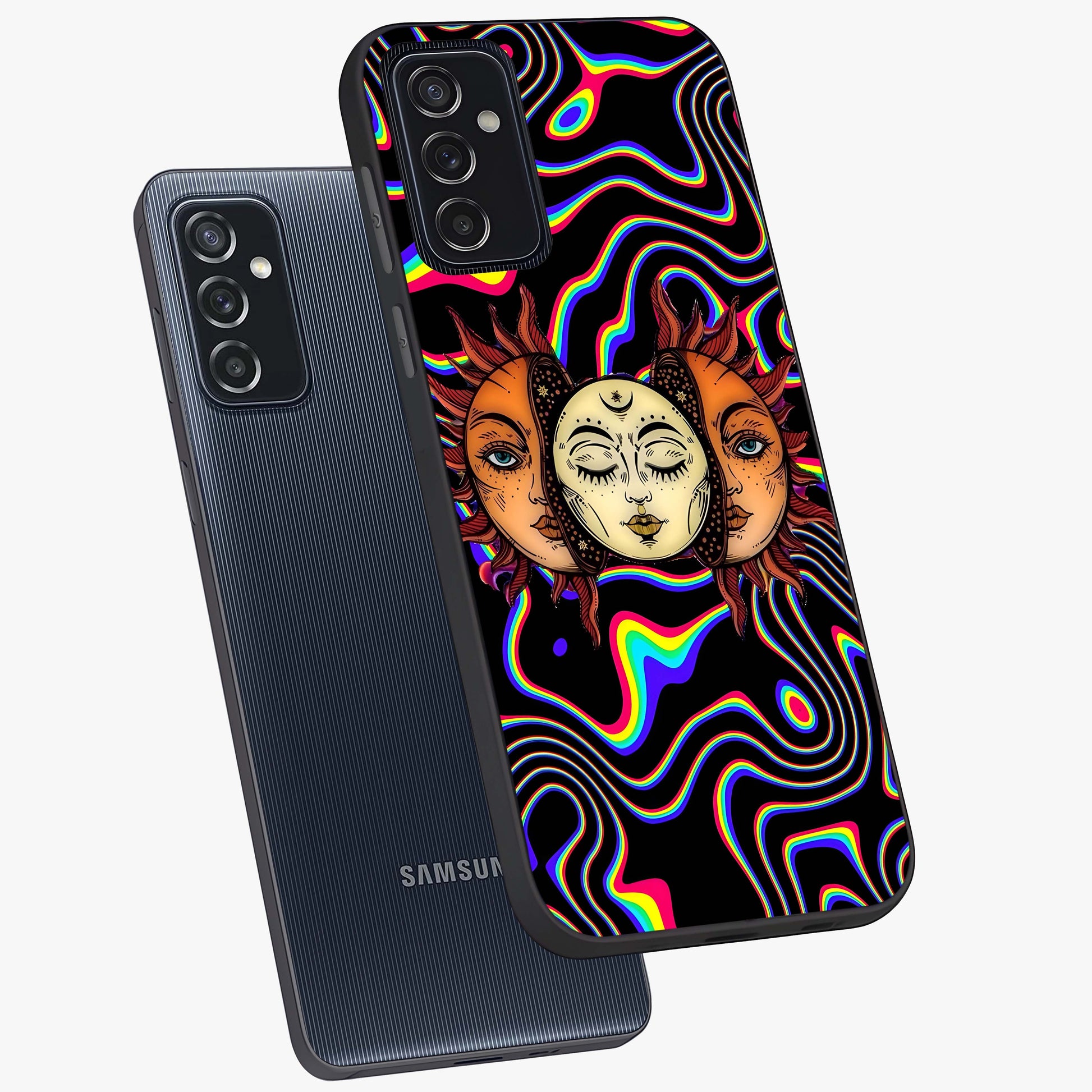 Psychedelic Sun Glass Case displayed in angled mockup highlighting vibrant abstract sun design with artistic aesthetic style.